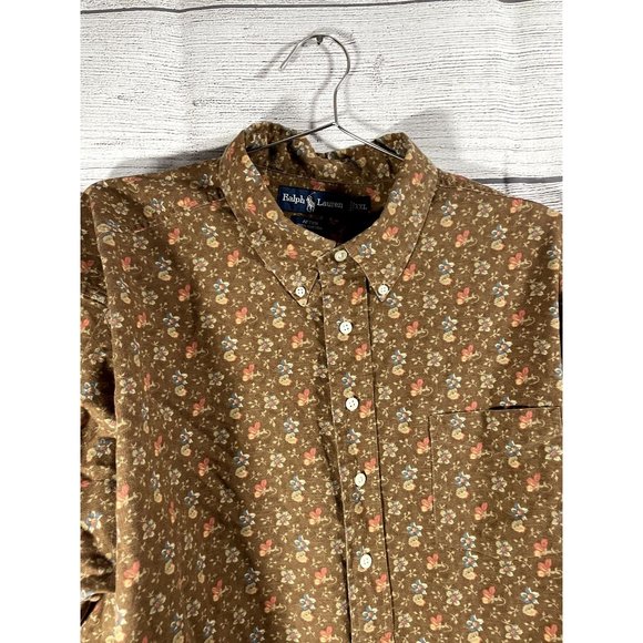 VTG Ralph Lauren Men’s Afton 100% Cotton Half Button Shirt Brown Floral • 2XL